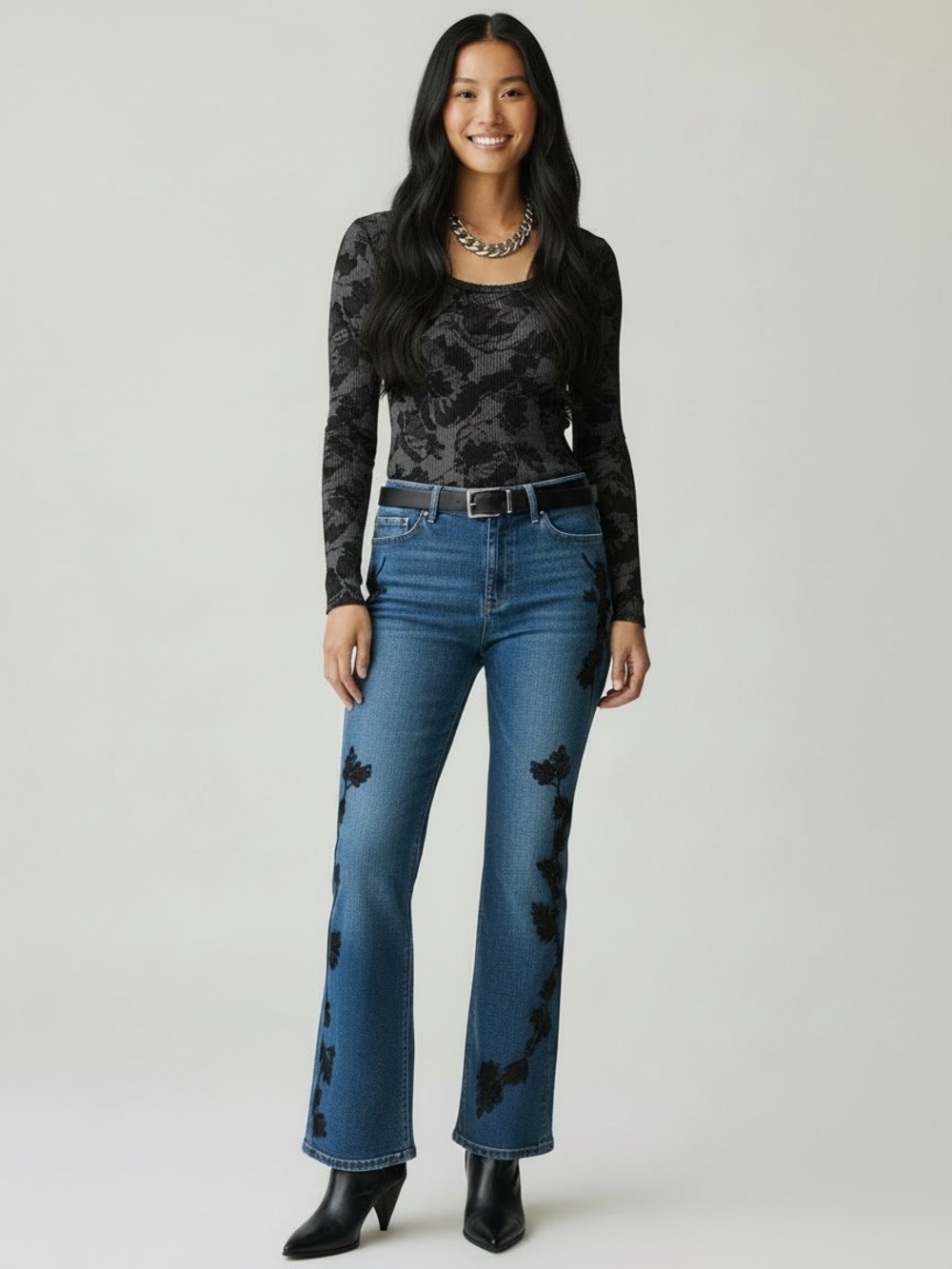 Coldwater Creek Black Lace Embroidered Flare Jean Whimsigoth Size 10